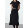 Kadın Moda Şık Mini Boy Bisiklet Yaka Regular Pelerin Görünümlü Skater Belden Açılan Dokuma Elbise