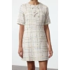 Women Fashion Stylish Mini Length Crew Neck Regular Plaid A Cut Bow Detailed Woven Tweed Dress