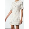 Women Fashion Stylish Mini Length Crew Neck Regular Plaid A Cut Bow Detailed Woven Tweed Dress