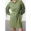 Womens Fashion Stylish Mini Length Shirt Collar Regular Pocket and Gather Detailed Woven Shirt Dress