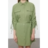 Womens Fashion Stylish Mini Length Shirt Collar Regular Pocket and Gather Detailed Woven Shirt Dress