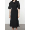 Womens Midi Length Stand Collar Pleated Sleeves Tied Collar A Cut Lined Chiffon Woven Winter Dress