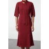 Womens Midi Length Stand Collar Pleated Sleeves Tied Collar A Cut Lined Chiffon Woven Winter Dress