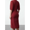 Womens Midi Length Stand Collar Pleated Sleeves Tied Collar A Cut Lined Chiffon Woven Winter Dress