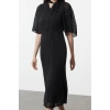 Womens Midi Length Stand Collar Pleated Sleeves Tied Collar A Cut Lined Chiffon Woven Winter Dress