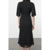 Womens Midi Length Stand Collar Pleated Sleeves Tied Collar A Cut Lined Chiffon Woven Winter Dress