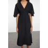 Women Fashion Stylish Midi Length V Neck Regular Angel Sleeve Detail A Cut Skirt Flounce Woven Dress