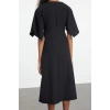 Women Fashion Stylish Midi Length V Neck Regular Angel Sleeve Detail A Cut Skirt Flounce Woven Dress
