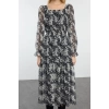 Women Fashion Maxi Length Square Neck Regular Floral Patterned Skater Waist Open Woven Chiffon Lined Dress