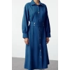 Womens Midi Length Shirt Collar Regular Belted Snap Detail Low Sleeve Wide Pattern Woven Shirt Dress