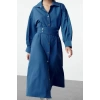 Womens Midi Length Shirt Collar Regular Belted Snap Detail Low Sleeve Wide Pattern Woven Shirt Dress