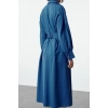Womens Midi Length Shirt Collar Regular Belted Snap Detail Low Sleeve Wide Pattern Woven Shirt Dress
