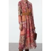 Women Fashion Stylish Maxi Length Stand Collar Regular Ethnic Patterned Waist Open Chiffon Lined Woven Dress