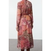Women Fashion Stylish Maxi Length Stand Collar Regular Ethnic Patterned Waist Open Chiffon Lined Woven Dress