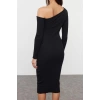Women Fashion Stylish Midi Length Asymmetrical Collar Slim Fitted Bodycon Elastic Knitted Dress