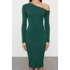 Women Fashion Stylish Midi Length Asymmetrical Collar Slim Fitted Bodycon Elastic Knitted Dress
