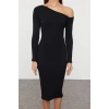 Women Fashion Stylish Midi Length Asymmetrical Collar Slim Fitted Bodycon Elastic Knitted Dress