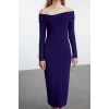 Women Fashion Stylish Midi Length Carmen Collar Slim Fitted Stretchy Knitted Dress