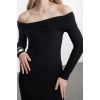 Women Fashion Stylish Midi Length Carmen Collar Slim Fitted Stretchy Knitted Dress