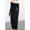 Women Fashion Stylish Midi Length Carmen Collar Slim Fitted Stretchy Knitted Dress