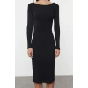 Kadın Moda Midi Boy Havuz Yaka Slim Sırt Dekolteli Fitted Vücuda Oturan Fitilli Esnek Örme Elbise