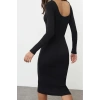 Kadın Moda Midi Boy Havuz Yaka Slim Sırt Dekolteli Fitted Vücuda Oturan Fitilli Esnek Örme Elbise