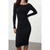 Kadın Moda Midi Boy Havuz Yaka Slim Sırt Dekolteli Fitted Vücuda Oturan Fitilli Esnek Örme Elbise