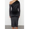 Women Fashion Stylish Midi Length Asymmetrical Collar Slim Plain One Shoulder Detail Draped Fitted Knitted Dress