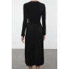 Womens Fashion Maxi Length Stand Collar Slim Pleated Detail Skater Waist Open Long Sleeve Flexible Knitted Dress