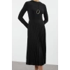 Womens Fashion Maxi Length Stand Collar Slim Pleated Detail Skater Waist Open Long Sleeve Flexible Knitted Dress