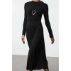 Womens Fashion Maxi Length Stand Collar Slim Pleated Detail Skater Waist Open Long Sleeve Flexible Knitted Dress