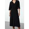 Women Fashion Stylish Maxi Length V Neck Regular Plain Cape Elastic Knitted Dress