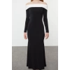 Women Fashion Stylish Maxi Length Carmen Collar Slim Color Block Fitted Body Stretchy Knit Dress