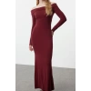 Women Fashion Stylish Maxi Length Carmen Collar Slim Color Block Fitted Body Stretchy Knit Dress