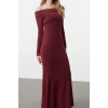 Women Fashion Stylish Maxi Length Carmen Collar Slim Color Block Fitted Body Stretchy Knit Dress