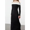Women Fashion Stylish Maxi Length Carmen Collar Slim Color Block Fitted Body Stretchy Knit Dress
