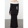 Women Fashion Stylish Maxi Length Carmen Collar Slim Color Block Fitted Body Stretchy Knit Dress
