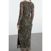 Women Fashion Stylish Maxi Length Boat Neck Slim Leopard Pattern Fitted Bodycon Tulle Flexible Knit Dress