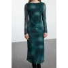 Women Fashion Stylish Maxi Length Boat Neck Slim Leopard Pattern Fitted Bodycon Tulle Flexible Knit Dress