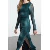 Women Fashion Stylish Maxi Length Boat Neck Slim Leopard Pattern Fitted Bodycon Tulle Flexible Knit Dress