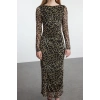 Women Fashion Stylish Maxi Length Boat Neck Slim Leopard Pattern Fitted Bodycon Tulle Flexible Knit Dress