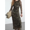 Women Fashion Stylish Maxi Length Boat Neck Slim Leopard Pattern Fitted Bodycon Tulle Flexible Knit Dress
