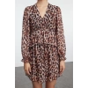 Womens Mini V Neck Relaxed Leopard Printed Ruffle Detailed A Line Bell Cut Balloon Sleeve Knitted Dress