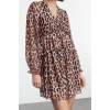 Womens Mini V Neck Relaxed Leopard Printed Ruffle Detailed A Line Bell Cut Balloon Sleeve Knitted Dress