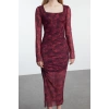 Womens Maxi Length Cowl Neck Slim Abstract Gathered Detail Slit Bodycone Knitted Dress