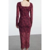 Womens Maxi Length Cowl Neck Slim Abstract Gathered Detail Slit Bodycone Knitted Dress