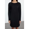 Women Fashion Stylish Mini Length Boat Neck Regular Plain Pleated Lined Shift Knit Dress