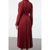 Women Fashion Stylish Midi Length Jacket Collar Regular Belted Skirt Pleated Double Breasted Woven Dress