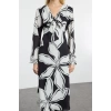 Women Fashion Stylish Midi Length V Neck Regular Floral Patterned A Cut Lace Detail Satin Woven Dress