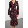 Women Fashion Stylish Midi Length V Neck Regular Floral Patterned A Cut Lace Detail Satin Woven Dress